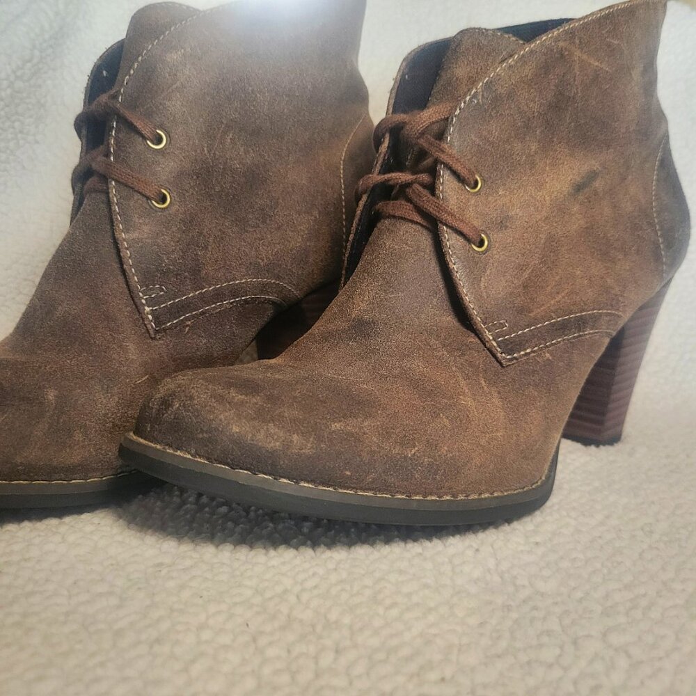 Indigo by Clarks Heath Brown Distressed Leather Lace-up Heeled Ankle Boot  Sz 10